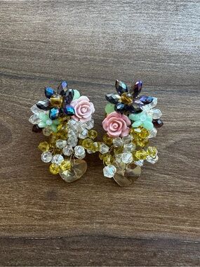 Zara Pink Rose Cluster Hair Clips with Yellow, Mint & Iridescent Beads